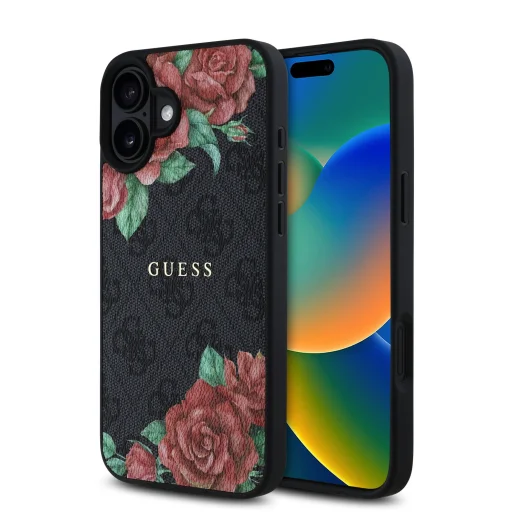  iPhone 16 fekete Guess PU Leather 4G Roses MagSafe tok - 1
