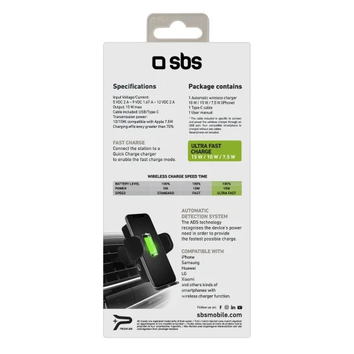 SBS TESUPWIR15WAUT okostelefon tartó vezeték nélküli töltővel légbefúvóra - fekete - 5