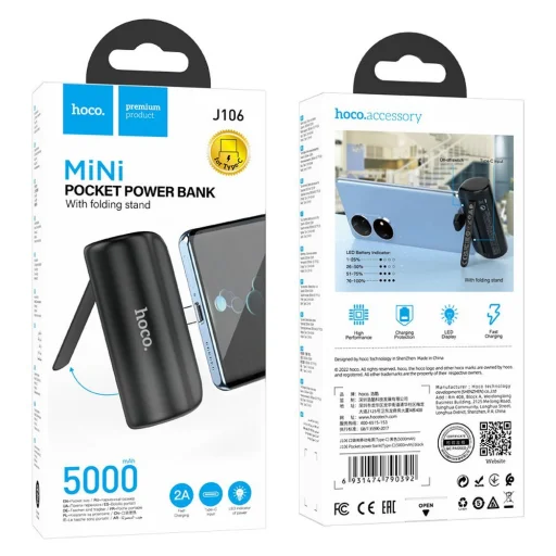 Power Bank HOCO - 5 000 mAh beépített Type C csatlakozóval J106 fekete - 4