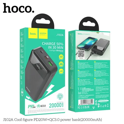 HOCO powerbank 20000 mAh PD QC3.0 3A 20W J102A fekete - 8