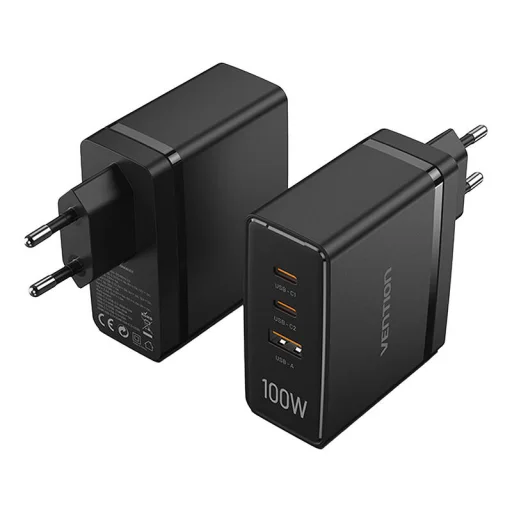 Vention FEGB0-EU hálózati töltő 2xUSB-C 1xUSB-A 100W/100W/30W GaN (fekete) - 1