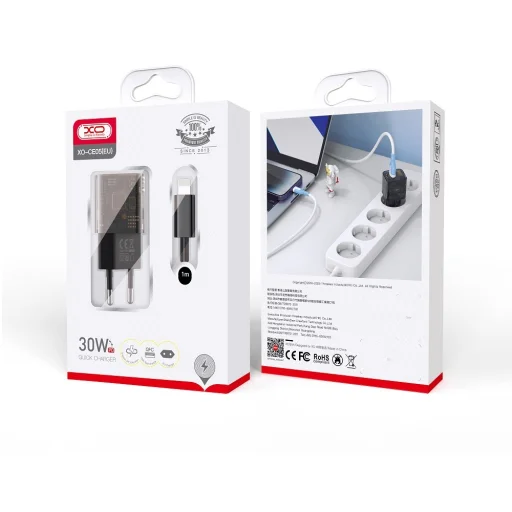 XO Clear fali töltő CE05 PD 30W QC 3.0 18W 1x USB 1x USB-C barna + USB-C - Lightning kábel - 2
