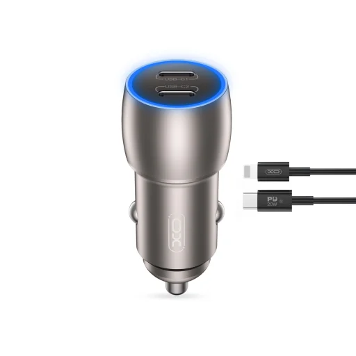 XO autós töltő CC51 PD 40W 2x USB-C szürke + USB-C - Lightning kábel - 1