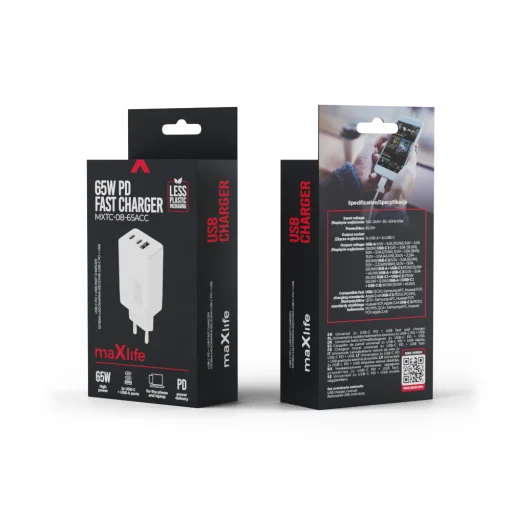 Maxlife MXTC-08-65ACC PD QC töltő 2x USB-C 1x USB 65W fehér - 11