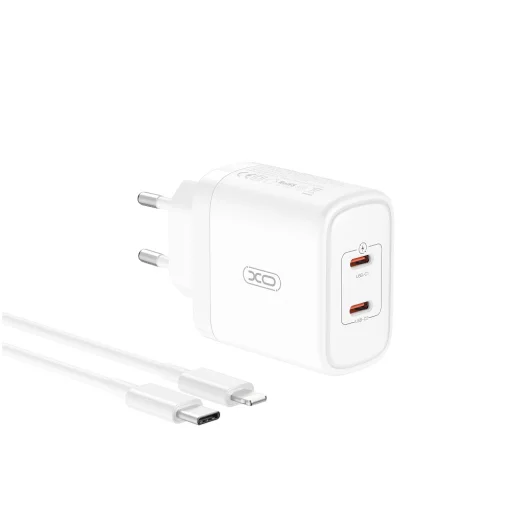 XO fali töltő CE08 PD 50W 2x USB-C fehér + USB-C - Lightning kábel - 1