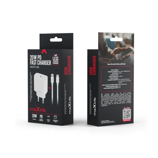 Maxlife MXTC-06-20C PD QC töltő 1x USB-C 20W fehér + USB-C - Lightning kábel 20W - 12