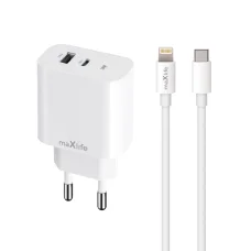 Maxlife MXTC-06-20AC PD QC töltő 1x USB-C 1x USB 20W fehér + USB-C - Lightning kábel 20W