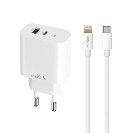 Maxlife MXTC-06-20AC PD QC töltő 1x USB-C 1x USB 20W fehér + USB-C - Lightning kábel 20W - 1
