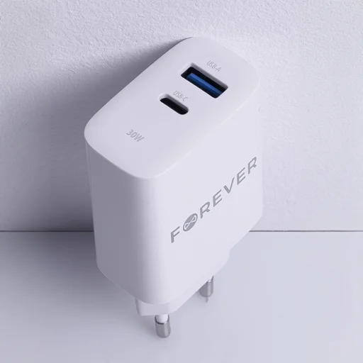Forever TC-07-30AC PD QC töltő 1x USB-C 1x USB 30W fehér + USB-C - USB-C kábel 60W - 15