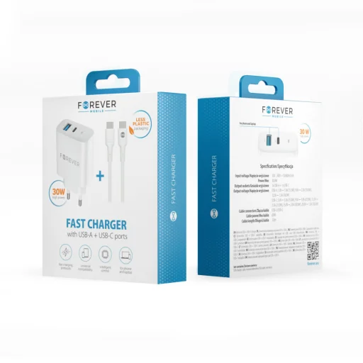 Forever TC-07-30AC PD QC töltő 1x USB-C 1x USB 30W fehér + USB-C - USB-C kábel 60W - 17