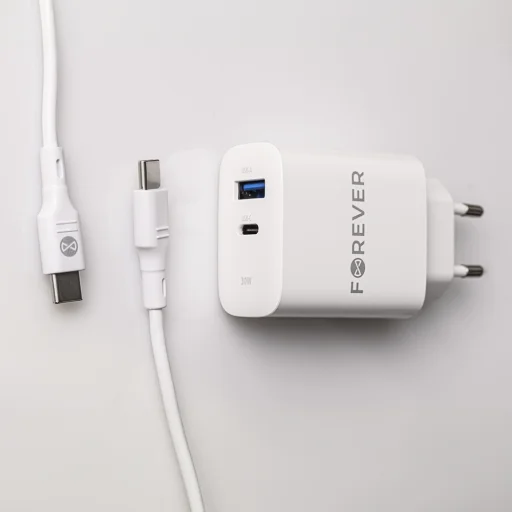 Forever TC-07-30AC PD QC töltő 1x USB-C 1x USB 30W fehér + USB-C - USB-C kábel 60W - 10