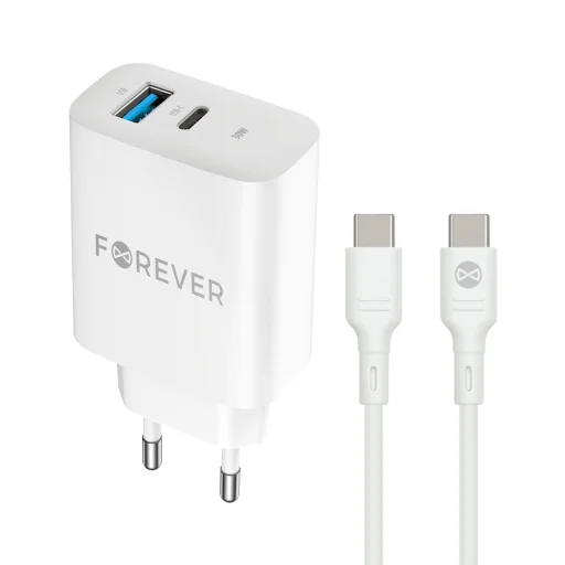 Forever TC-07-30AC PD QC töltő 1x USB-C 1x USB 30W fehér + USB-C - USB-C kábel 60W - 1