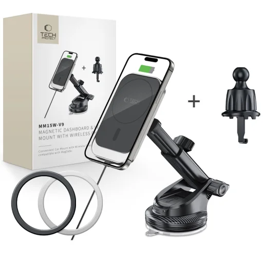 Tech-Protect MM15W-V9 Mágneses MagSafe Műszerfalra és Szellőzőre Rögzíthető Autós Tartó Vezeték Nélküli Töltő 15W Fekete - 1