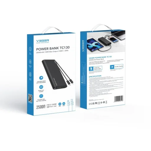 VEGER powerbank 25.000 mAh beépített Type C / Lightning kábelekkel PD 130W TCE130 (W2503) fekete - 33