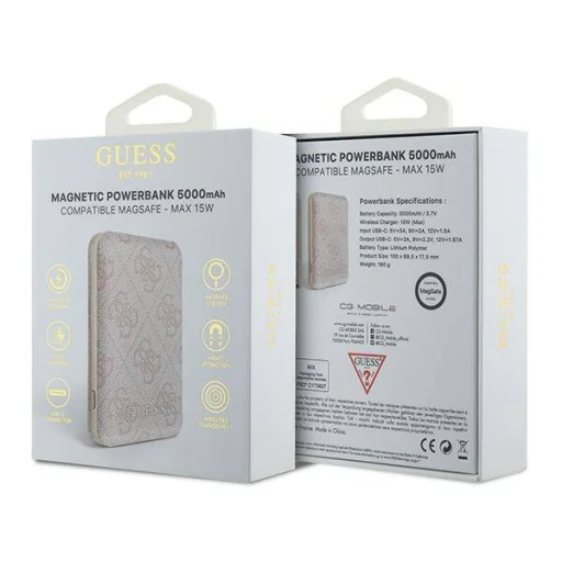 Guess Induction Powerbank 15W GUPB5FP4EMGP 5000mAh rózsaszín/bőr-fém logós MagSafe - 4