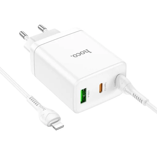 HOCO töltő 2 x Type C + USB A + kábel Type C - Lightning PD QC3.0 3A 35W N33 fehér - 3