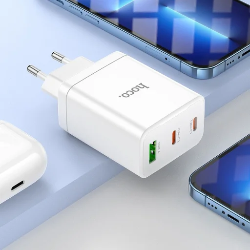 HOCO töltő 2 x Type C + USB A + kábel Type C - Lightning PD QC3.0 3A 35W N33 fehér - 7