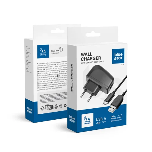 BLUE STAR LITE utazó töltő 2A 10W USB A + kábel USB A - Type C TFK-TC-1095B fekete - 1