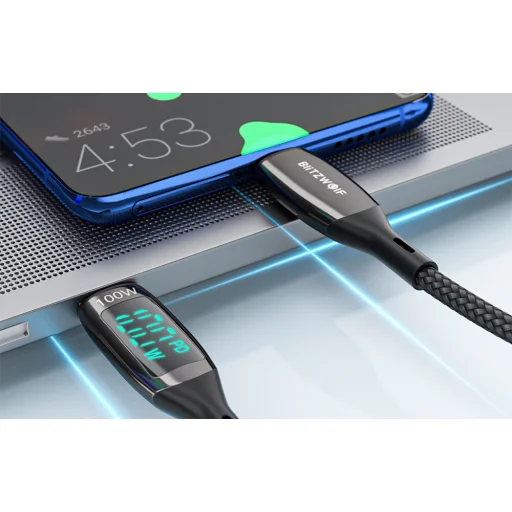 BlitzWolf BW-TC23 USB-C - USB-C töltőkábel kijelzővel, 100W, 0.9m (fekete) - 6