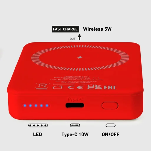 5000 mAh vezeték nélküli mágneses Power Bank Piros - 9