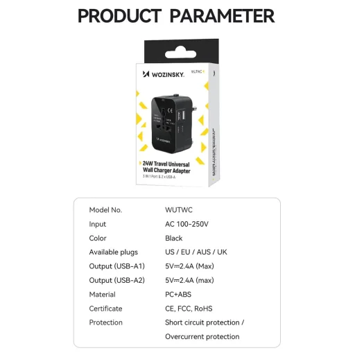 Wozinsky WUTWC utazó adapter univerzális 24W EU / US / AUS / UK / 2x USB-A - fekete - 5