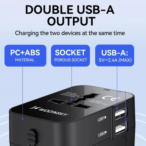 Wozinsky WUTWC utazó adapter univerzális 24W EU / US / AUS / UK / 2x USB-A - fekete - 8