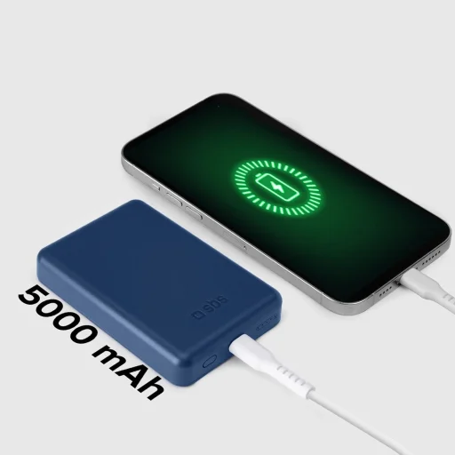 5000 mAh vezeték nélküli mágneses Powerbank Kék - 7