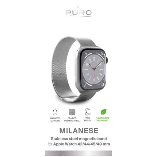 Puro 'MILANESE' óraszíj Apple Watch 42-44-45-49mm, ezüst - 2