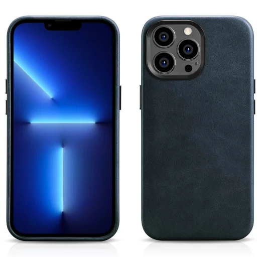 iCarer Oil Wax Prémium Bőrtok iPhone 14 Pro Max mágneses bőrtok MagSafe-fel sötétkék tok - 17