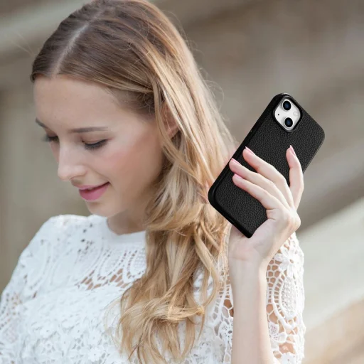 iCarer Litchi Prémium Bőr Tok iPhone 14 Plus Mágneses Bőr Tok MagSafe-fel Fekete, - 20