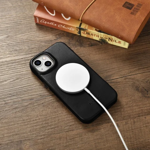 iCarer CE Oil Wax Prémium Bőr Fliptok iPhone 14 Plus MagSafe Fekete tok - 23