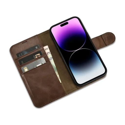 iCarer Oil Wax Wallet 2az1-ben iPhone 14 Pro RFID védett bőr fliptok Barna tok - 6