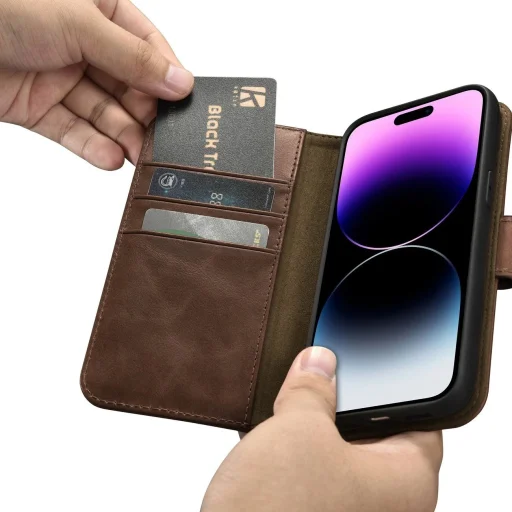 iCarer Oil Wax Wallet 2az1-ben iPhone 14 Pro RFID védett bőr fliptok Barna tok - 13
