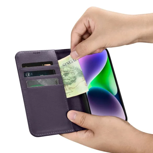 iCarer Wallet 2in1 tok iPhone 14 bőr fliptok Anti-RFID Sötét lila (WMI14220725-DP) - 11