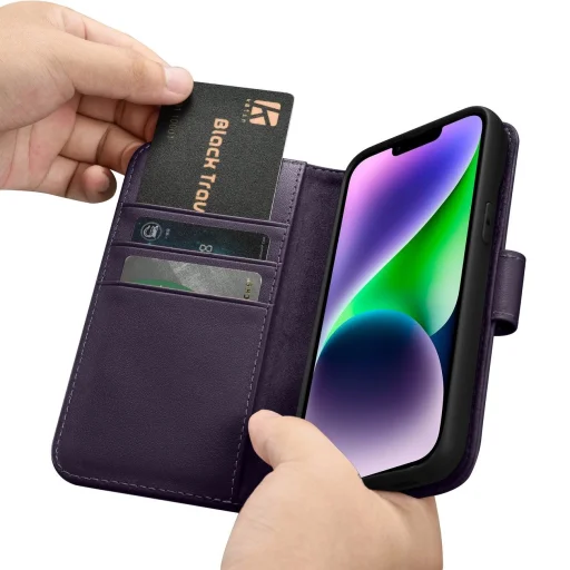 iCarer Wallet 2in1 tok iPhone 14 bőr fliptok Anti-RFID Sötét lila (WMI14220725-DP) - 16