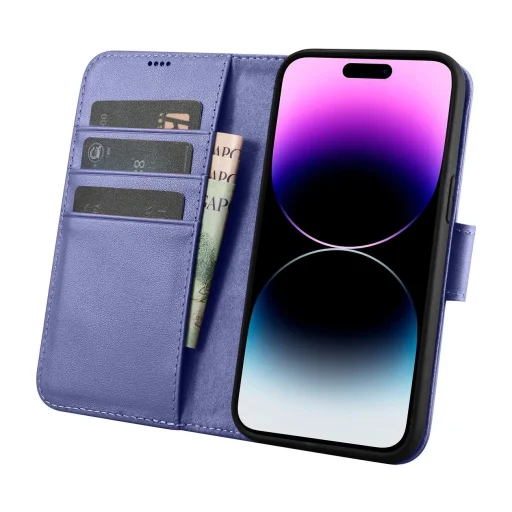 iCarer Wallet Case 2in1 Bőr Fliptok iPhone 14 Pro Max, bőr, Anti-RFID, Világos lila tok - 3