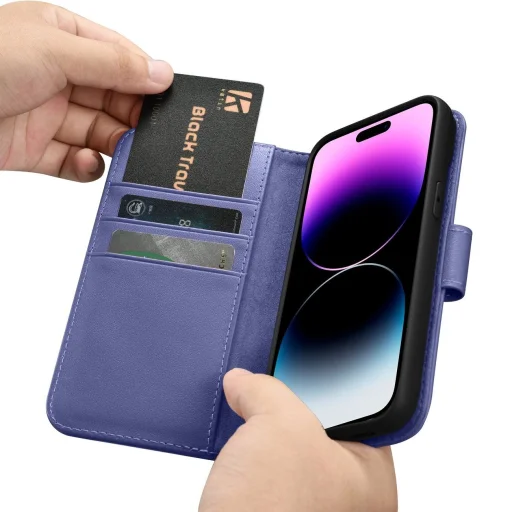 iCarer Wallet Case 2in1 Bőr Fliptok iPhone 14 Pro Max, bőr, Anti-RFID, Világos lila tok - 16