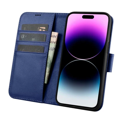 iCarer Wallet Case 2in1 bőrtok iPhone 14 Pro fliptok Anti-RFID kék (WMI14220726-BU) tok - 3
