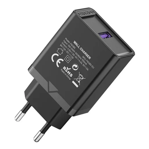 Fali töltő Vention FACB0-EU 1-portos USB (22.5W) Fekete - 2