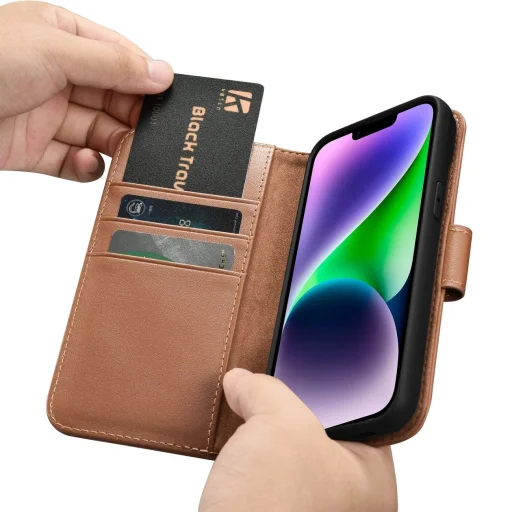iCarer Wallet 2in1 bőr fliptok iPhone 14 Anti-RFID barna tok (WMI14220725-BN) - 16
