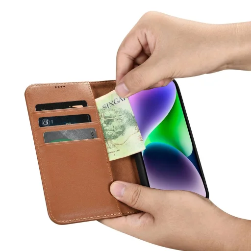 iCarer Wallet 2in1 bőr fliptok iPhone 14 Anti-RFID barna tok (WMI14220725-BN) - 13