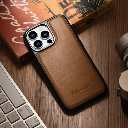 iCarer bőr olaj viasz tok valódi bőrrel borítva iPhone 14 Pro barna tok (WMI14220718-TN) - 14