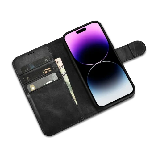 iCarer Olajozott Viaszos Pénztárca Tok 2 az 1-ben iPhone 14 Pro Bőr Fliptok Anti-RFID fekete - 8
