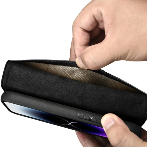 iCarer Olajozott Viaszos Pénztárca Tok 2 az 1-ben iPhone 14 Pro Bőr Fliptok Anti-RFID fekete - 14