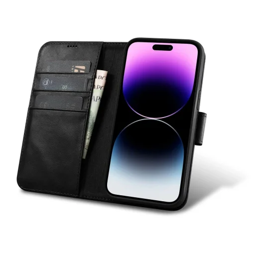 iCarer Olajozott Viaszos Pénztárca Tok 2 az 1-ben iPhone 14 Pro Bőr Fliptok Anti-RFID fekete - 2