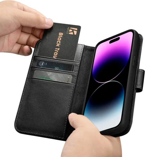 iCarer pénztárca tok 2 az 1-ben fedél iPhone 14 Pro bőr fliptok Anti-RFID fekete (WMI14220726-BK), - 16