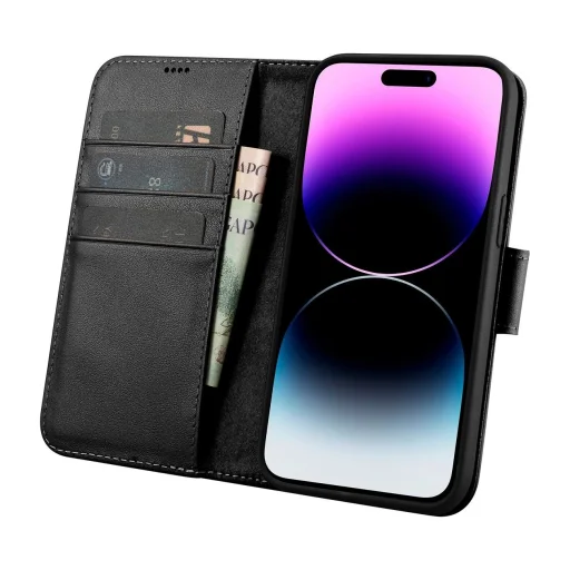 iCarer pénztárca tok 2 az 1-ben fedél iPhone 14 Pro bőr fliptok Anti-RFID fekete (WMI14220726-BK), - 3