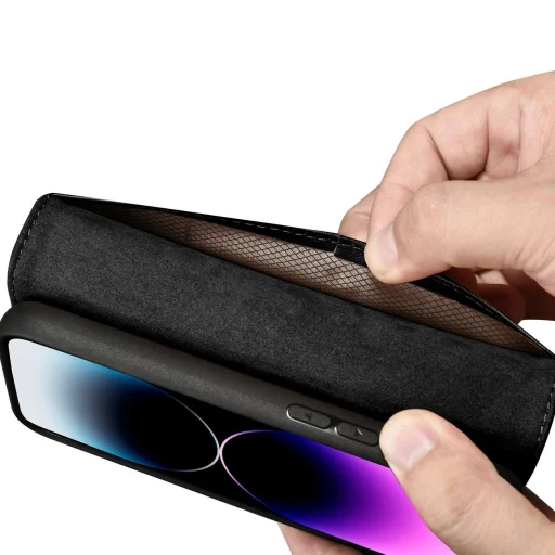 iCarer pénztárca tok 2 az 1-ben fedél iPhone 14 Pro bőr fliptok Anti-RFID fekete (WMI14220726-BK), - 11