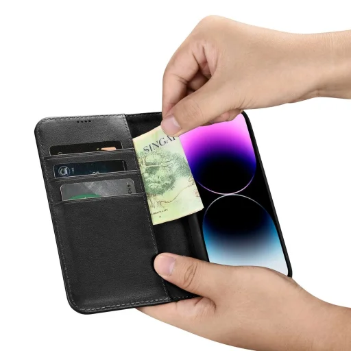 iCarer pénztárca tok 2 az 1-ben fedél iPhone 14 Pro bőr fliptok Anti-RFID fekete (WMI14220726-BK), - 13