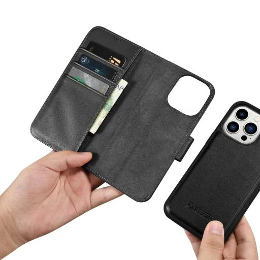 iCarer pénztárca tok 2 az 1-ben fedél iPhone 14 Pro bőr fliptok Anti-RFID fekete (WMI14220726-BK), - 15